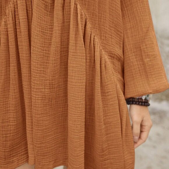 Khaki Boho Women's Lantern Sleeve Back Tie-Up Dress Clothing - Picture 8 of 8